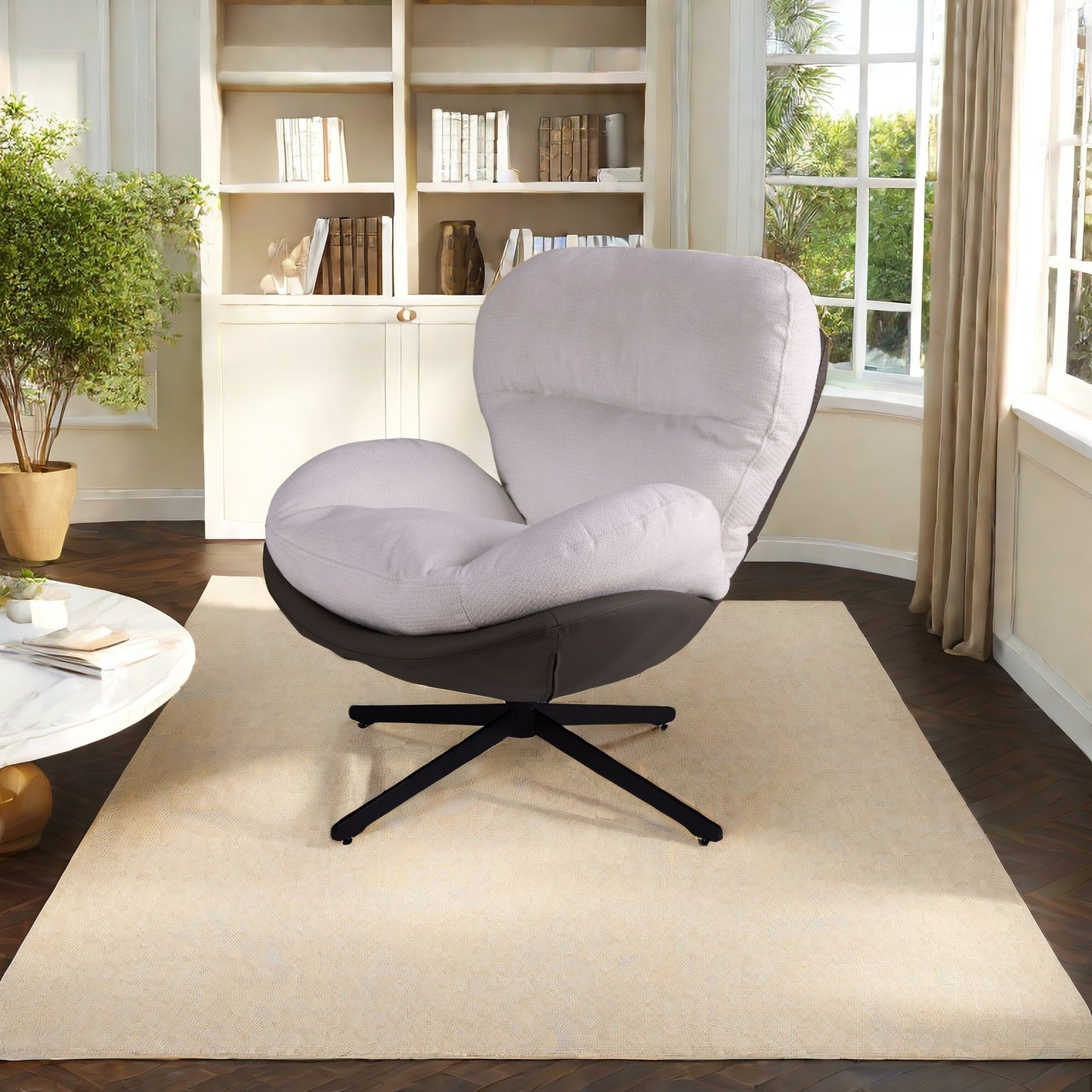 Modern egg chair in light gray fabric with charcoal faux leather base perfect for living rooms