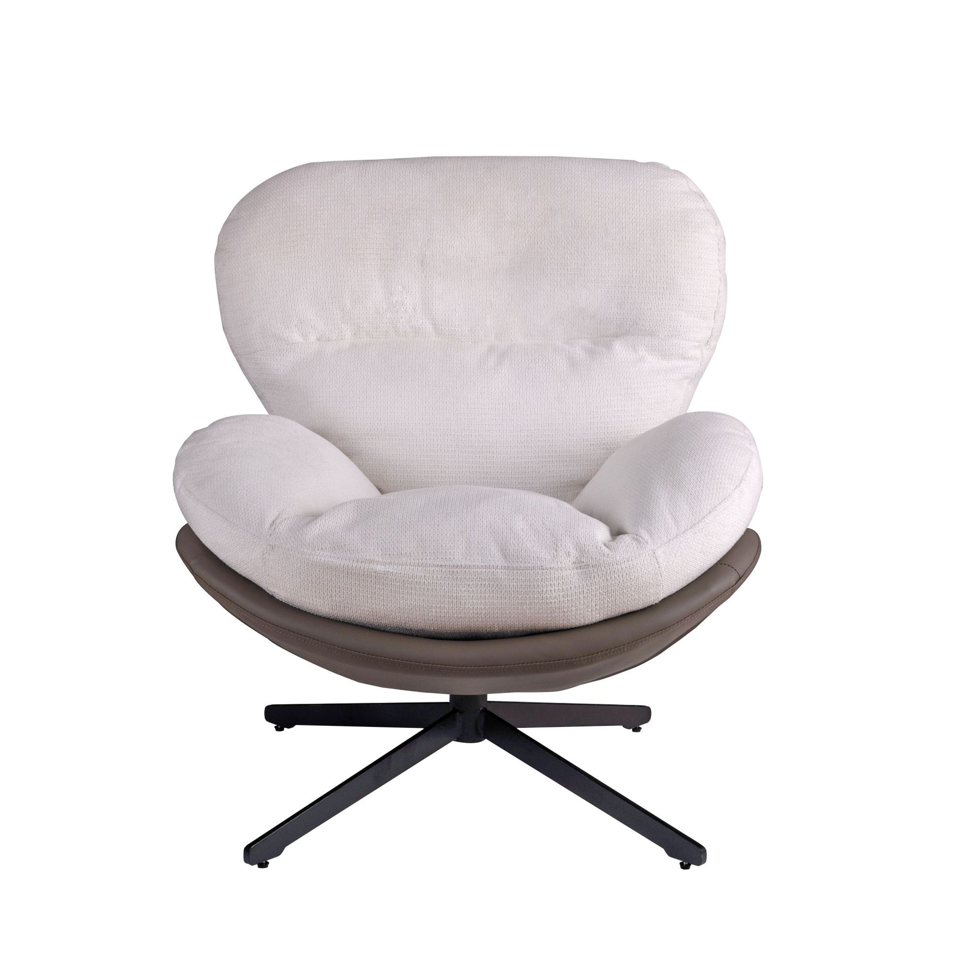 Plush ivory fabric accent chair with a swivel base perfect for modern living rooms