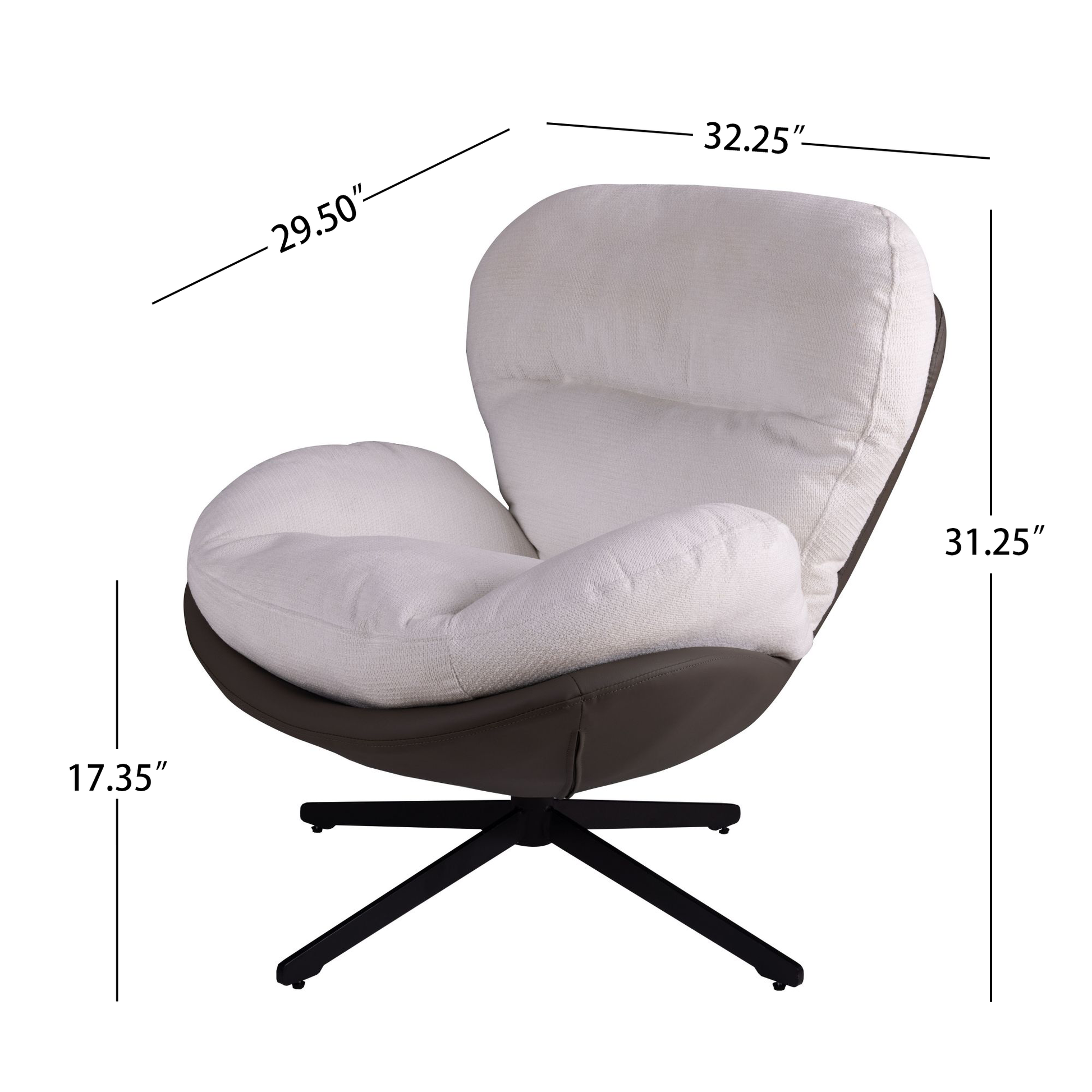 Cream fabric accent chair with dark brown faux leather base and black metal swivel legs