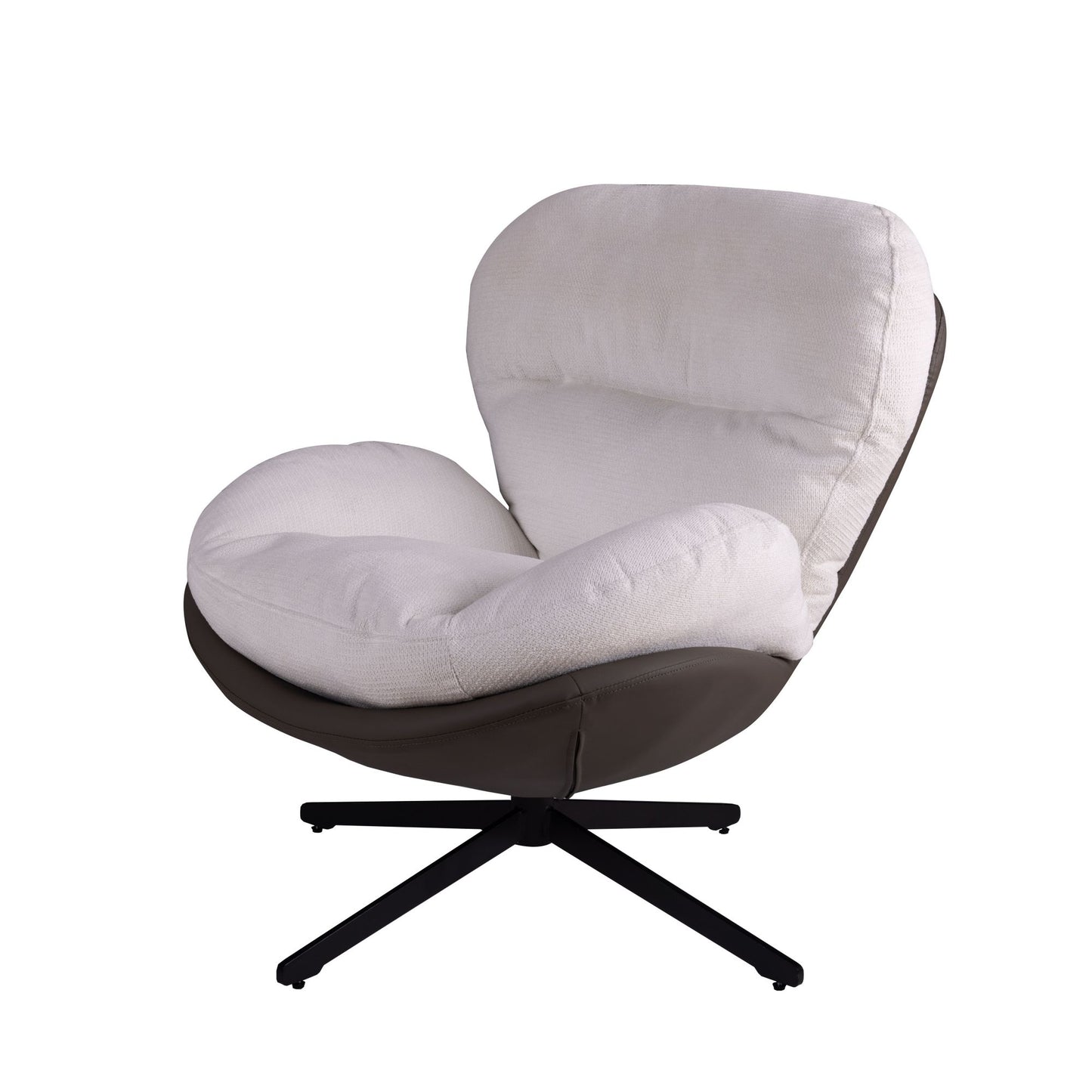 Modern accent chair with plush white fabric seat and dark brown leather base