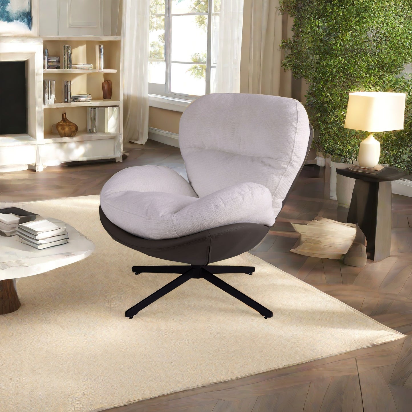 Cream fabric accent chair with dark brown leather base and swivel legs