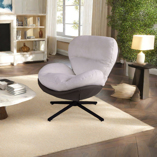 Cream fabric accent chair with dark brown leather base and swivel legs