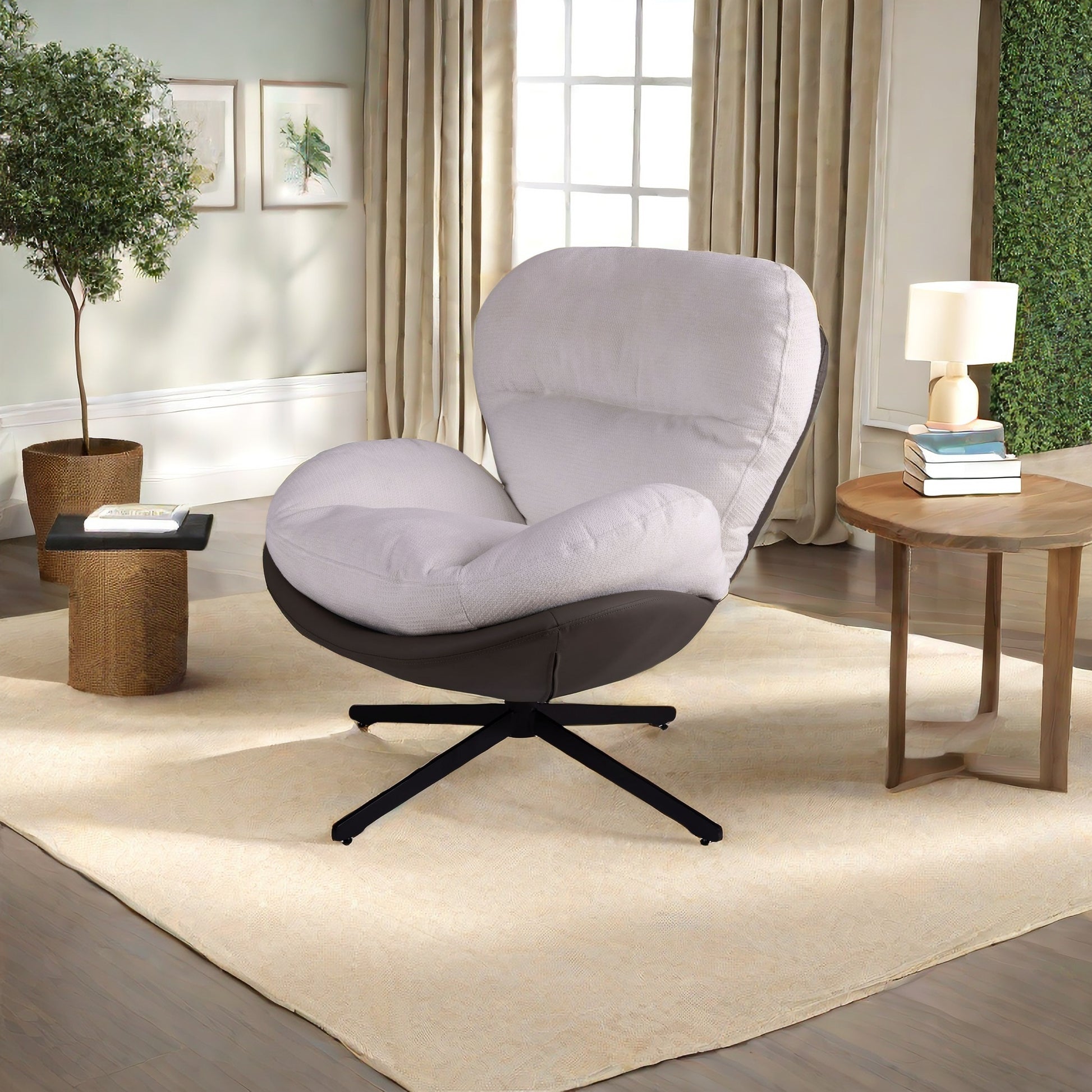 Plush swivel accent chair in light gray textured fabric and dark gray base