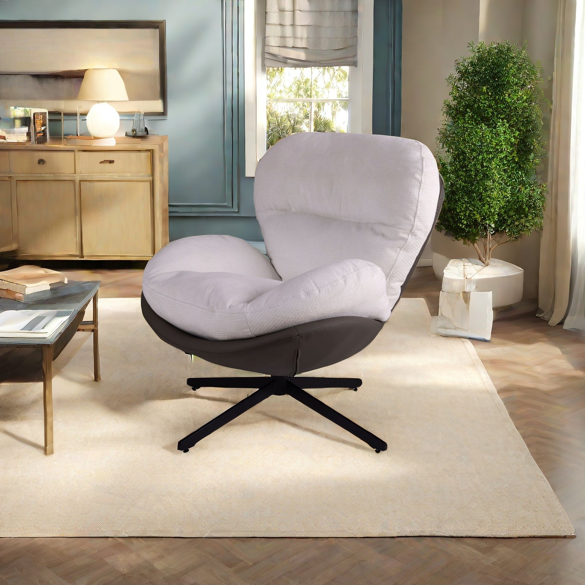 Modern accent chair with textured ivory fabric and dark brown faux leather base