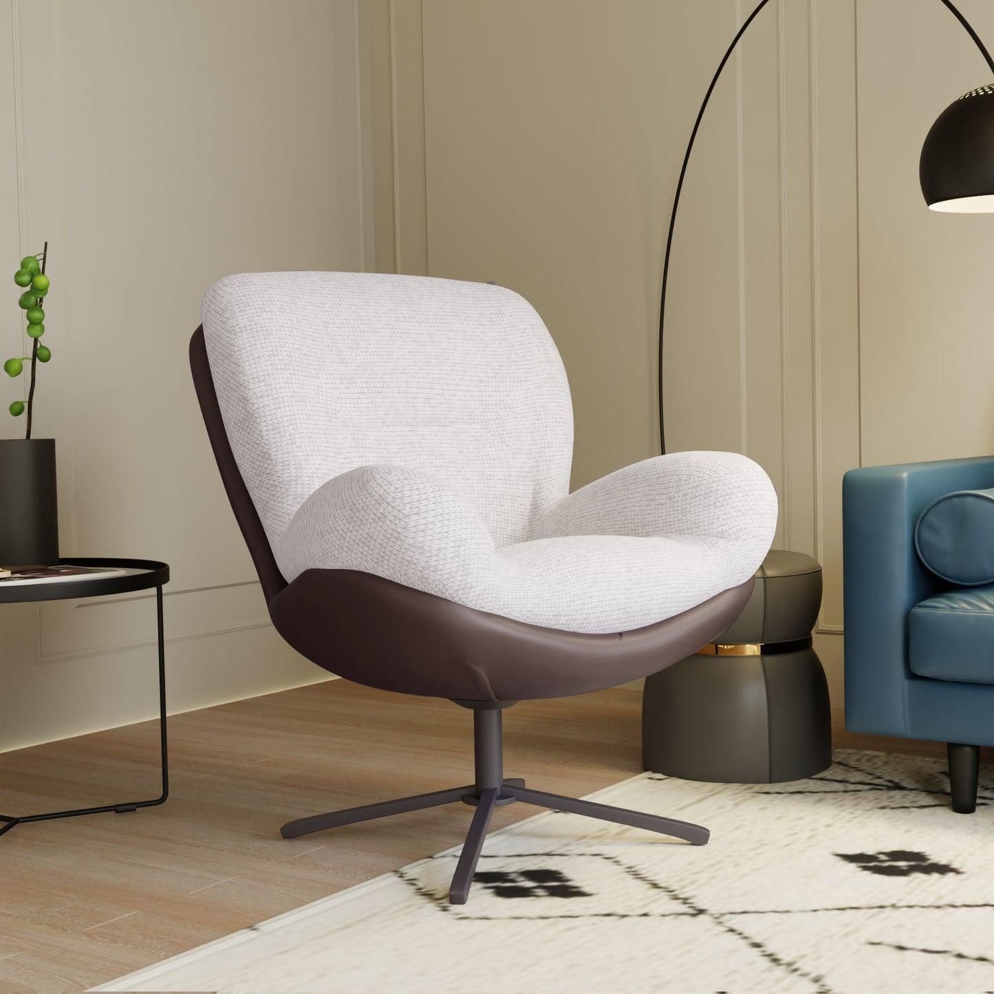 Plush white fabric accent chair with brown faux leather base and swivel legs