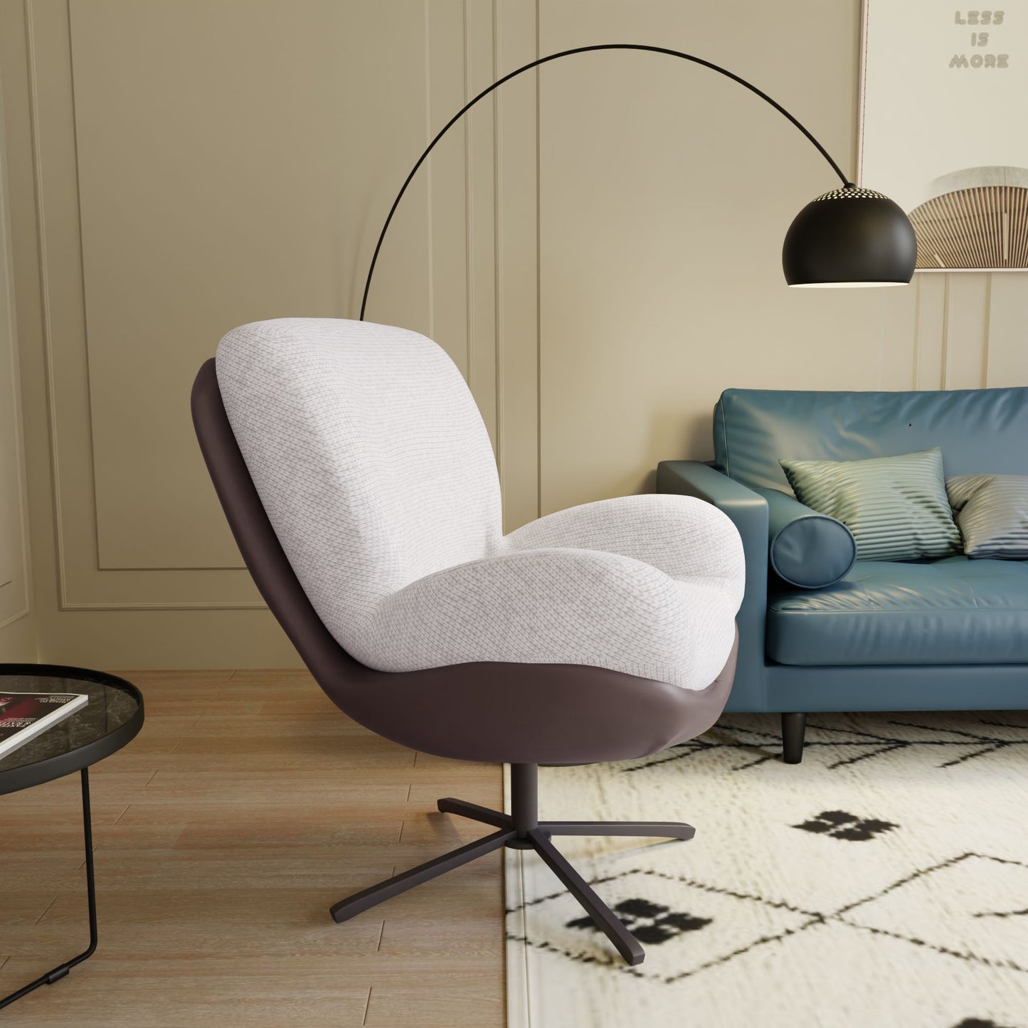 White textured accent chair with dark brown leather base modern design