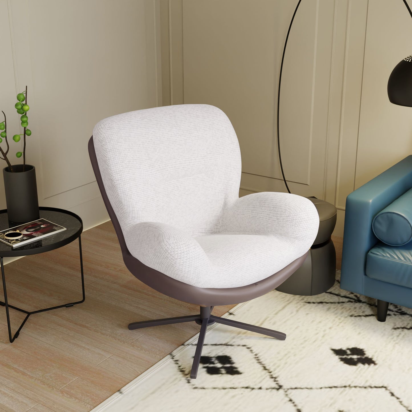 White upholstered accent chair with a swivel base and brown leather trim