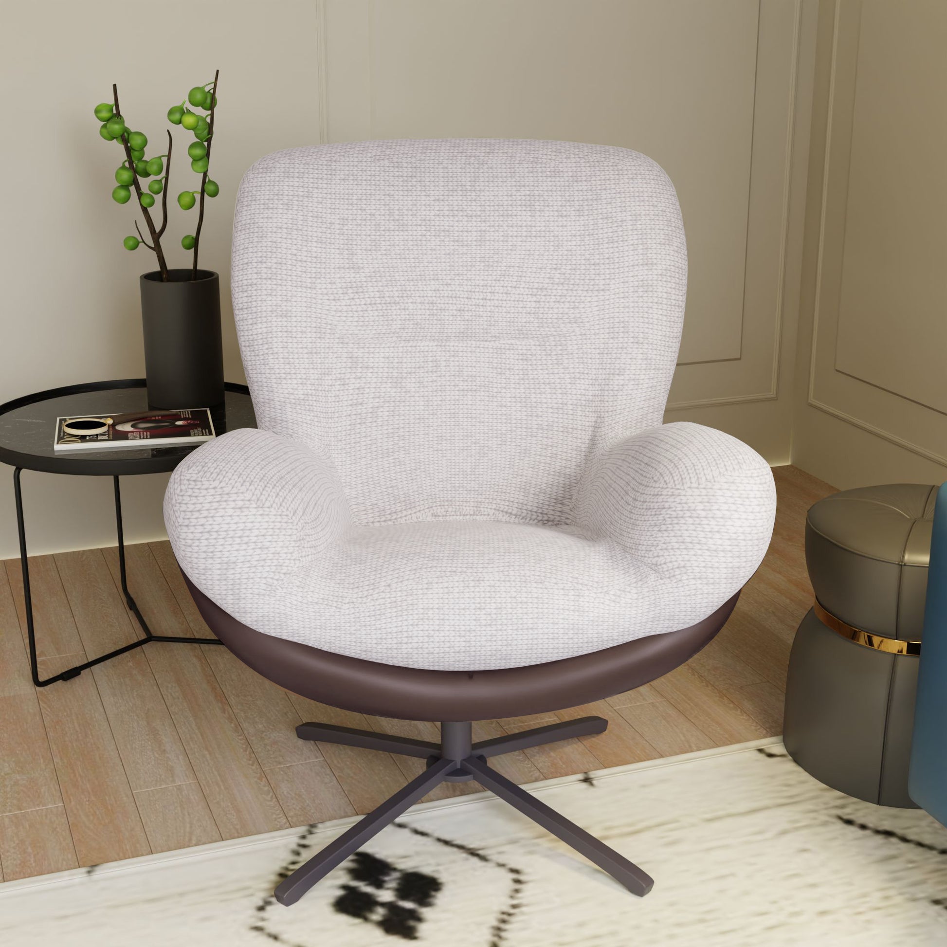Plush light gray knit accent chair with a swiveling dark base for modern living rooms