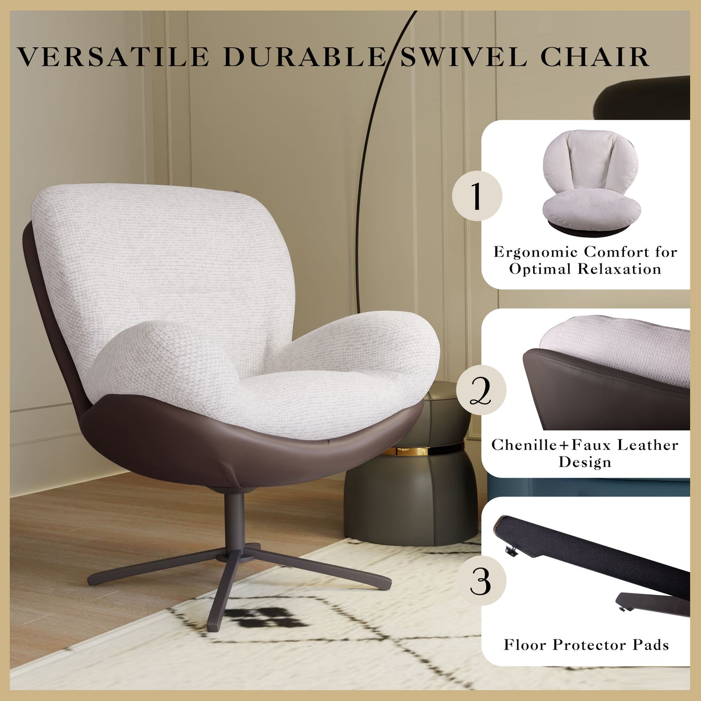 Modern swivel chair with white chenille upholstery and dark brown faux leather base