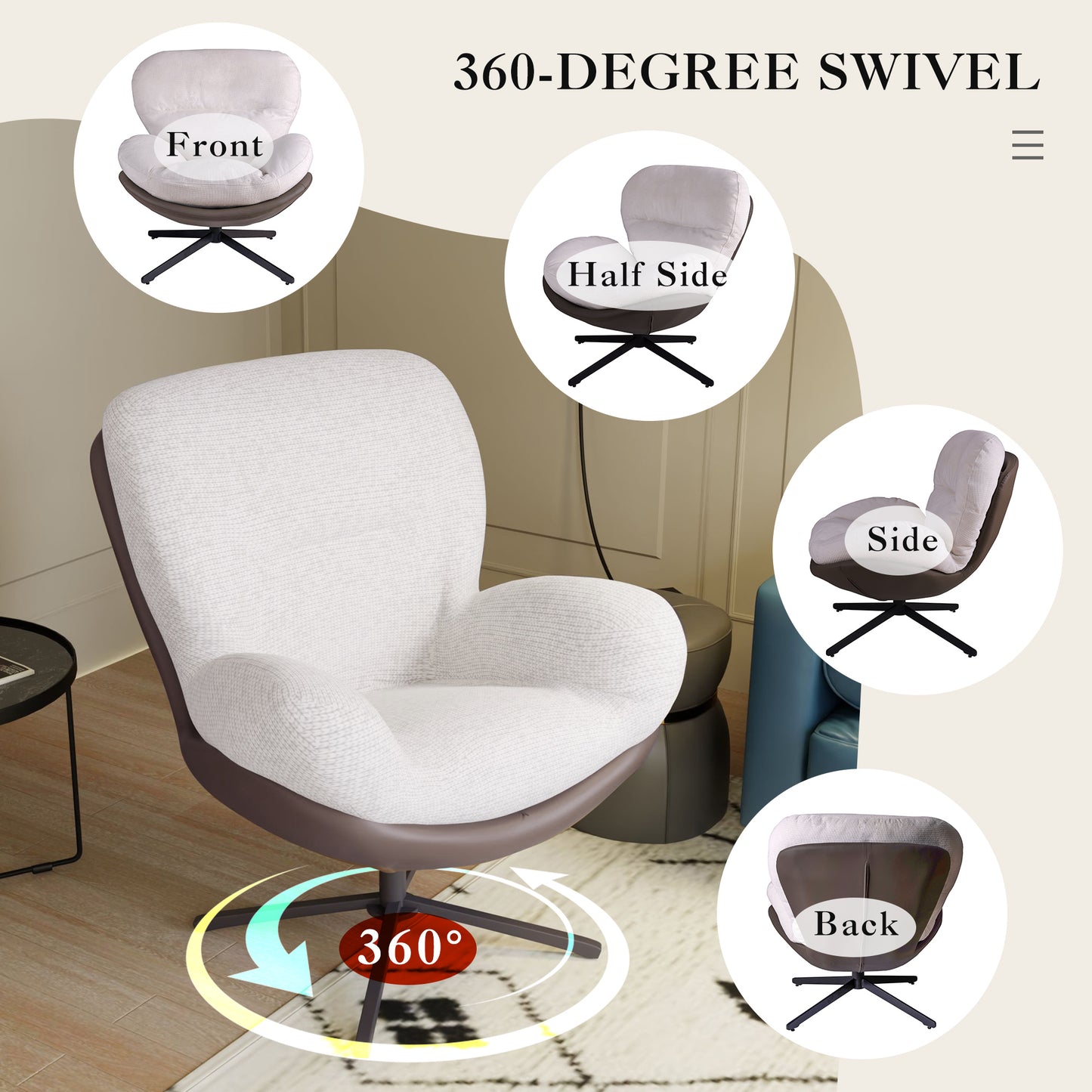 Comfortable white boucle swivel armchair with a dark brown faux leather base