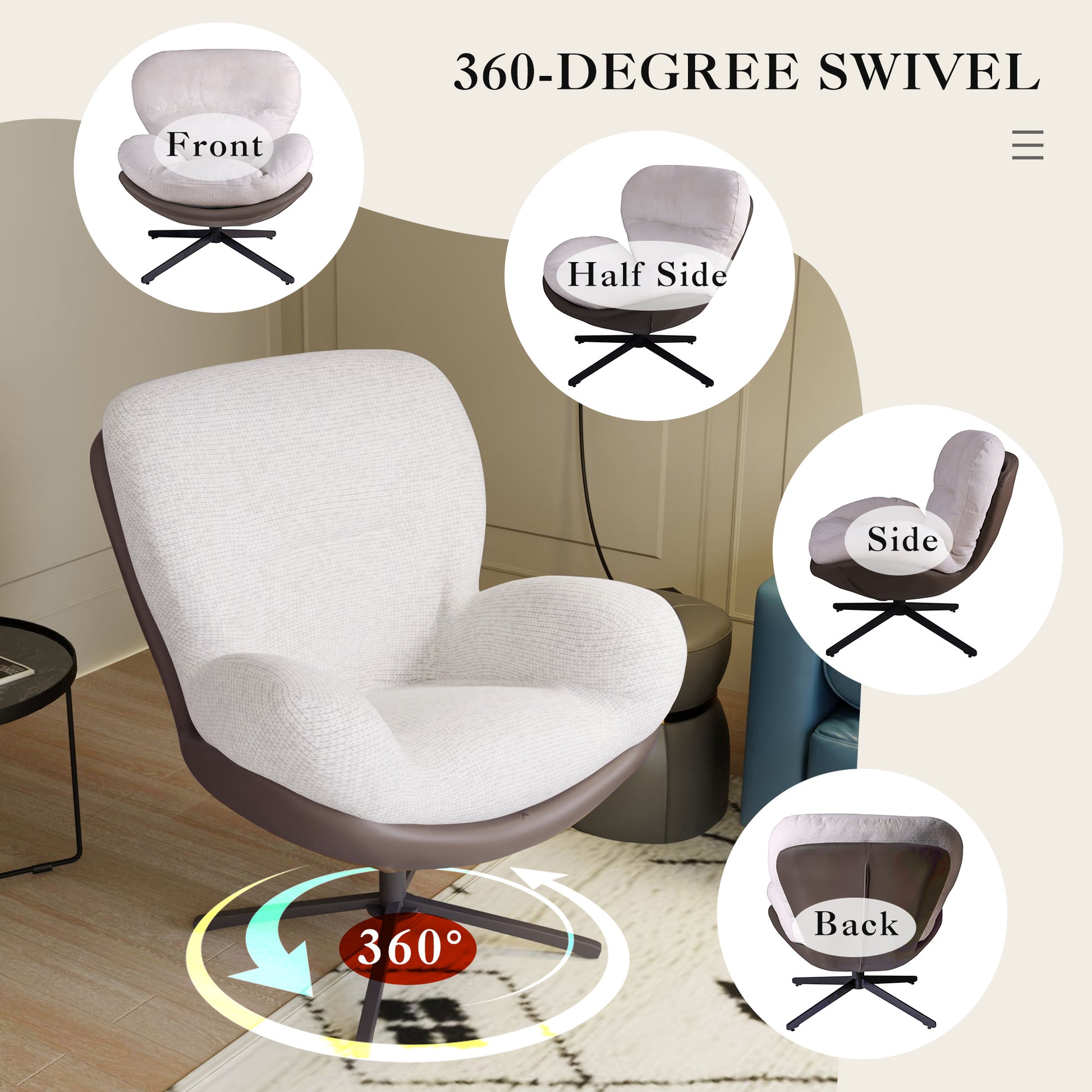 Comfortable white boucle swivel armchair with a dark brown faux leather base