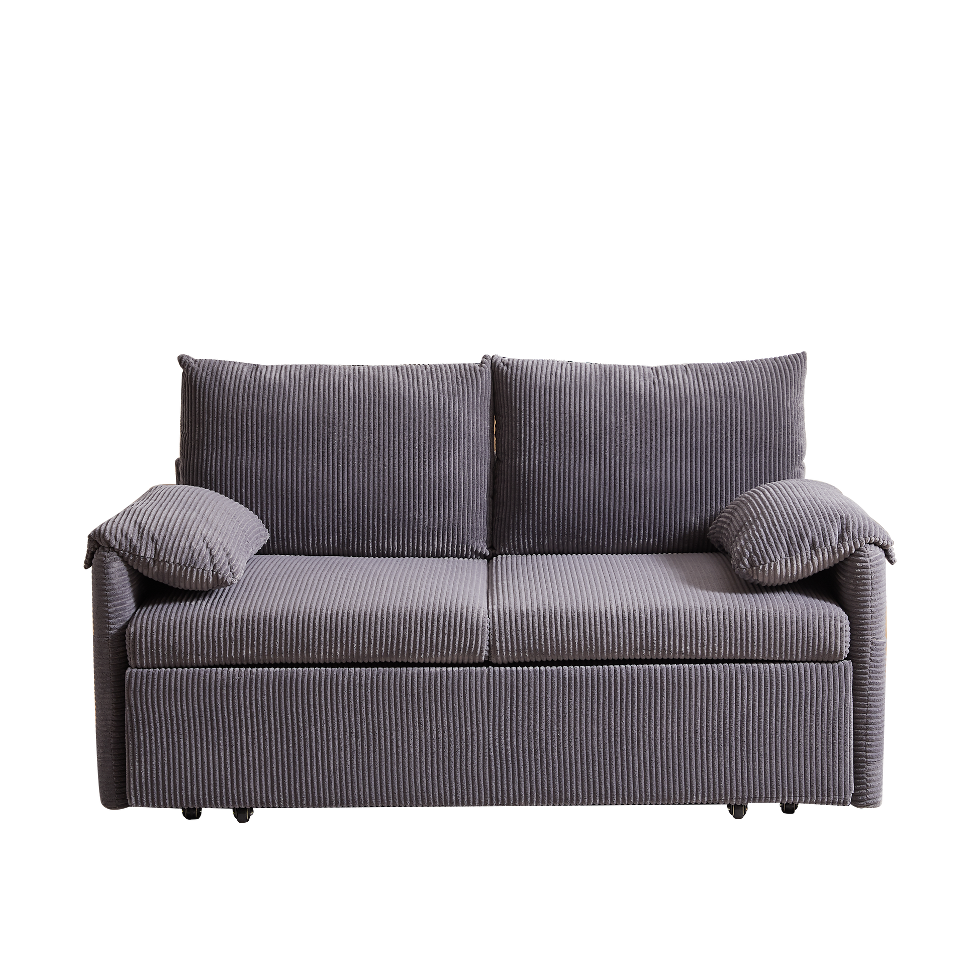 Grey corduroy sofa with two plush seat cushions and two back pillows