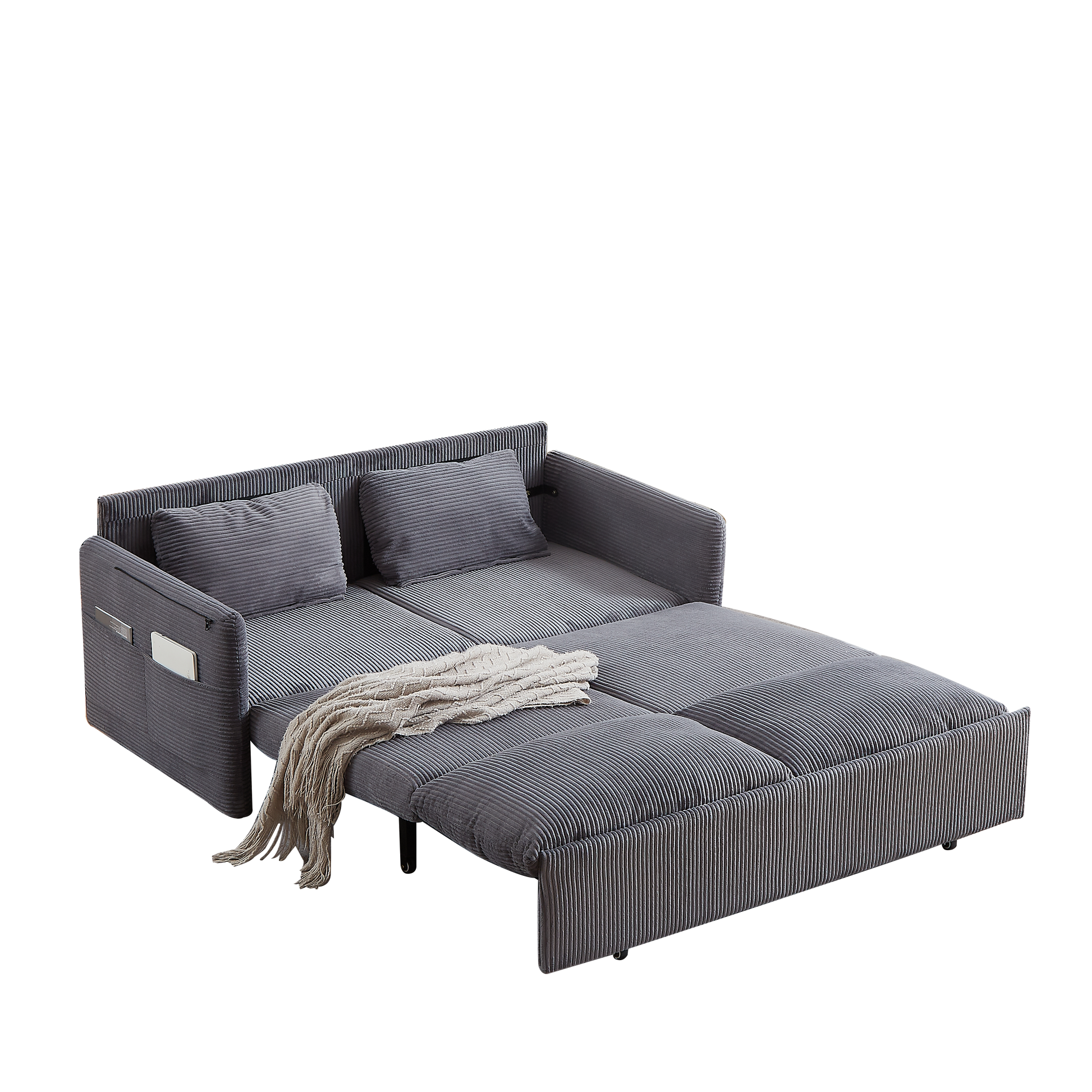 Gray corduroy sofa bed with side storage pockets and throw blanket