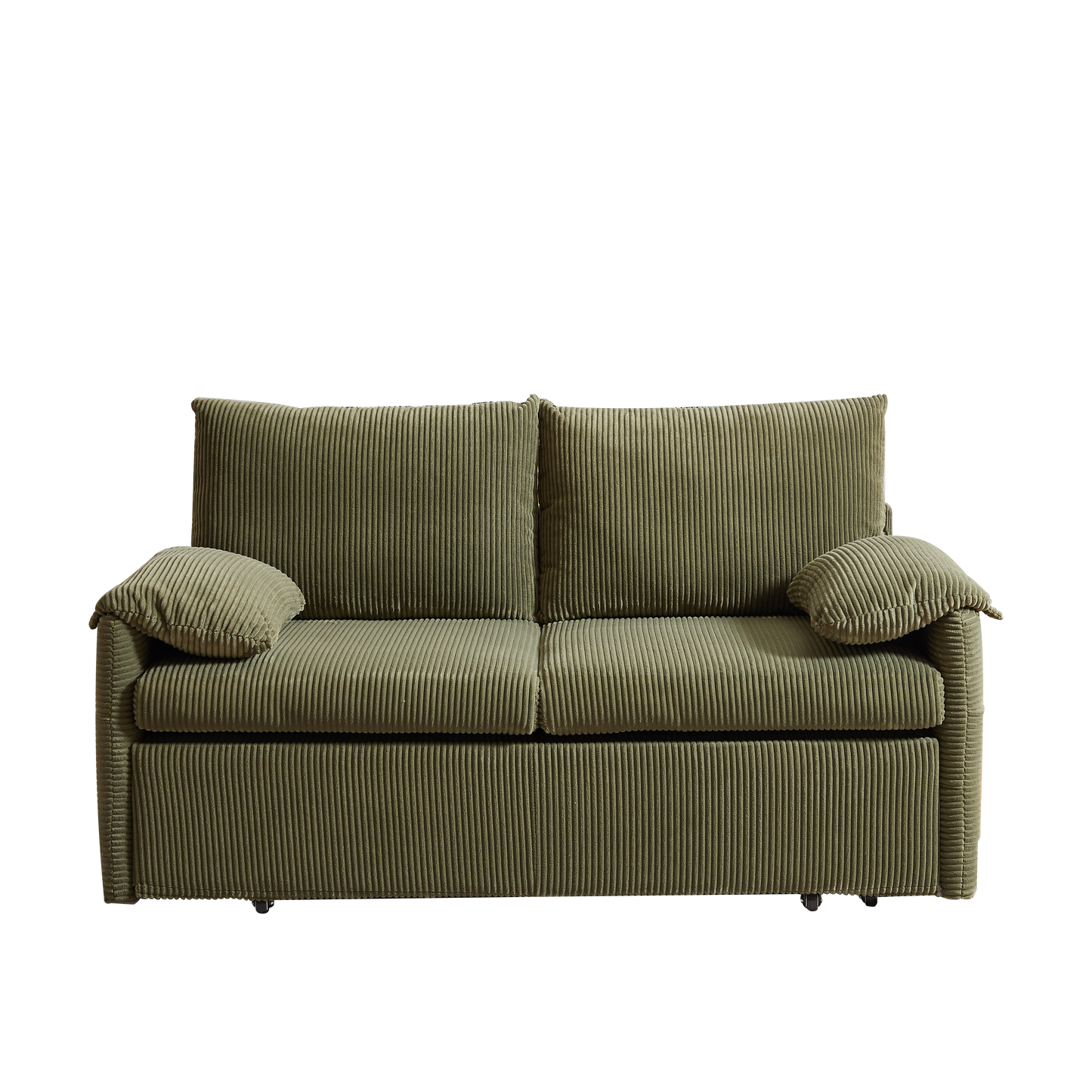 Olive green corduroy sofa with plush cushions and a modern design
