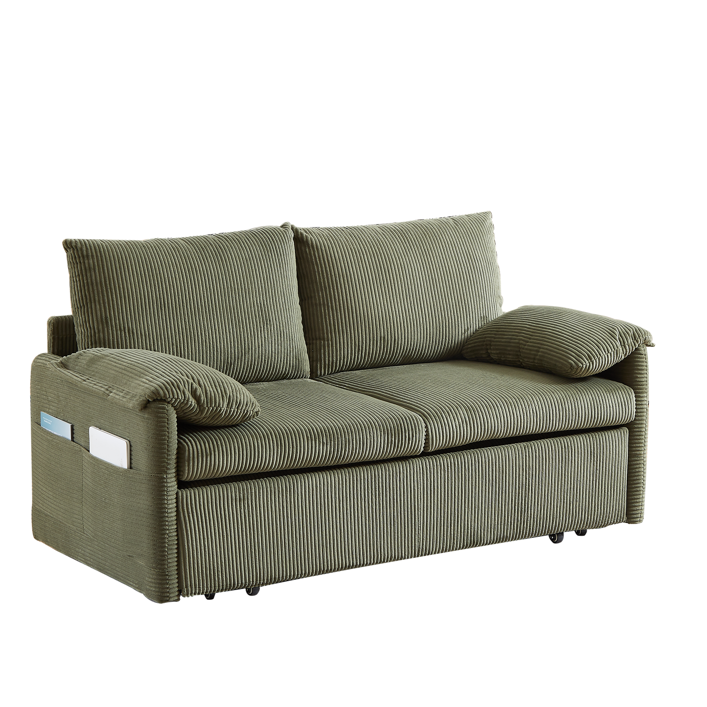 Sage green corduroy sofa with storage pockets on the armrest ideal for small living rooms