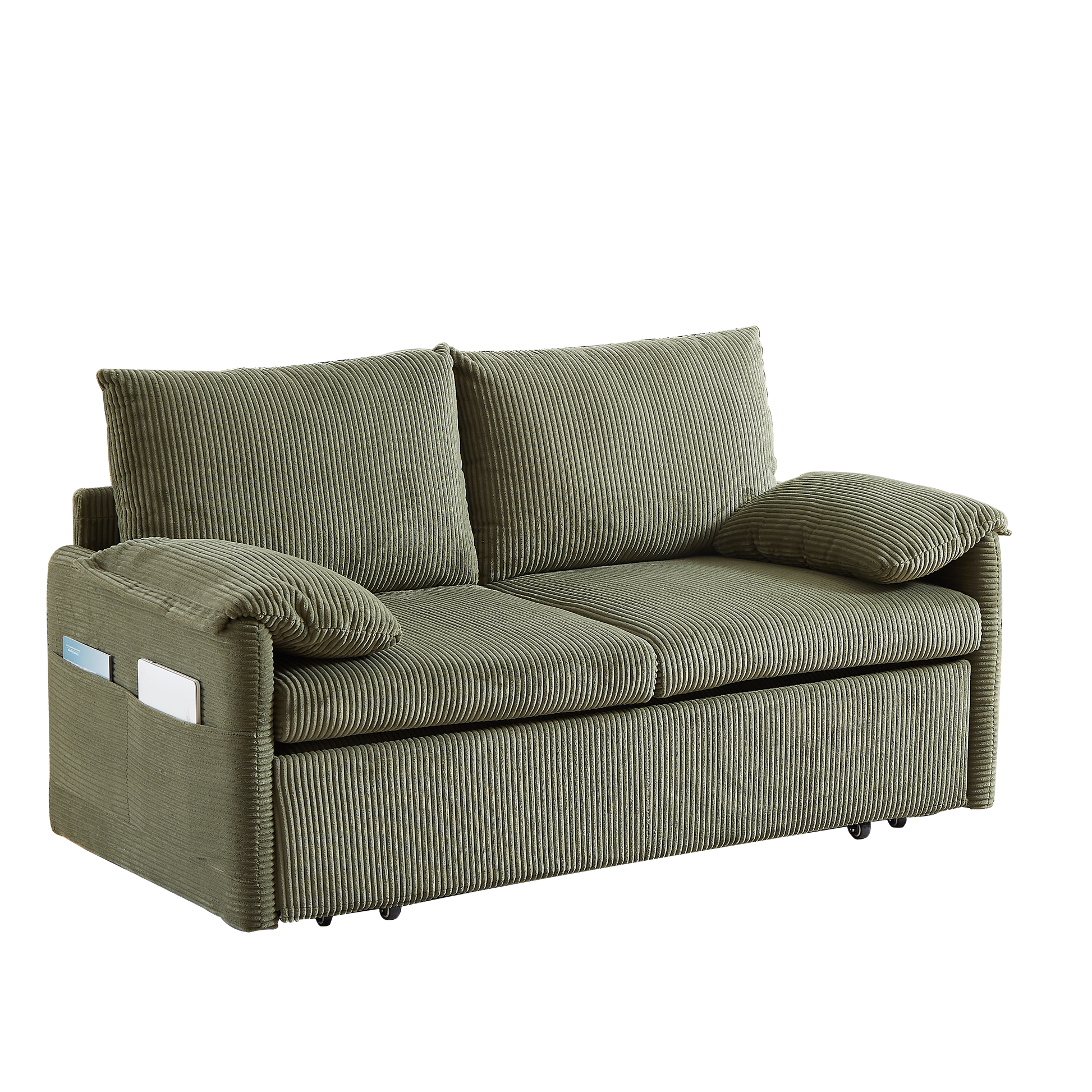 Sage green corduroy sofa with storage pockets on the armrest ideal for small living rooms