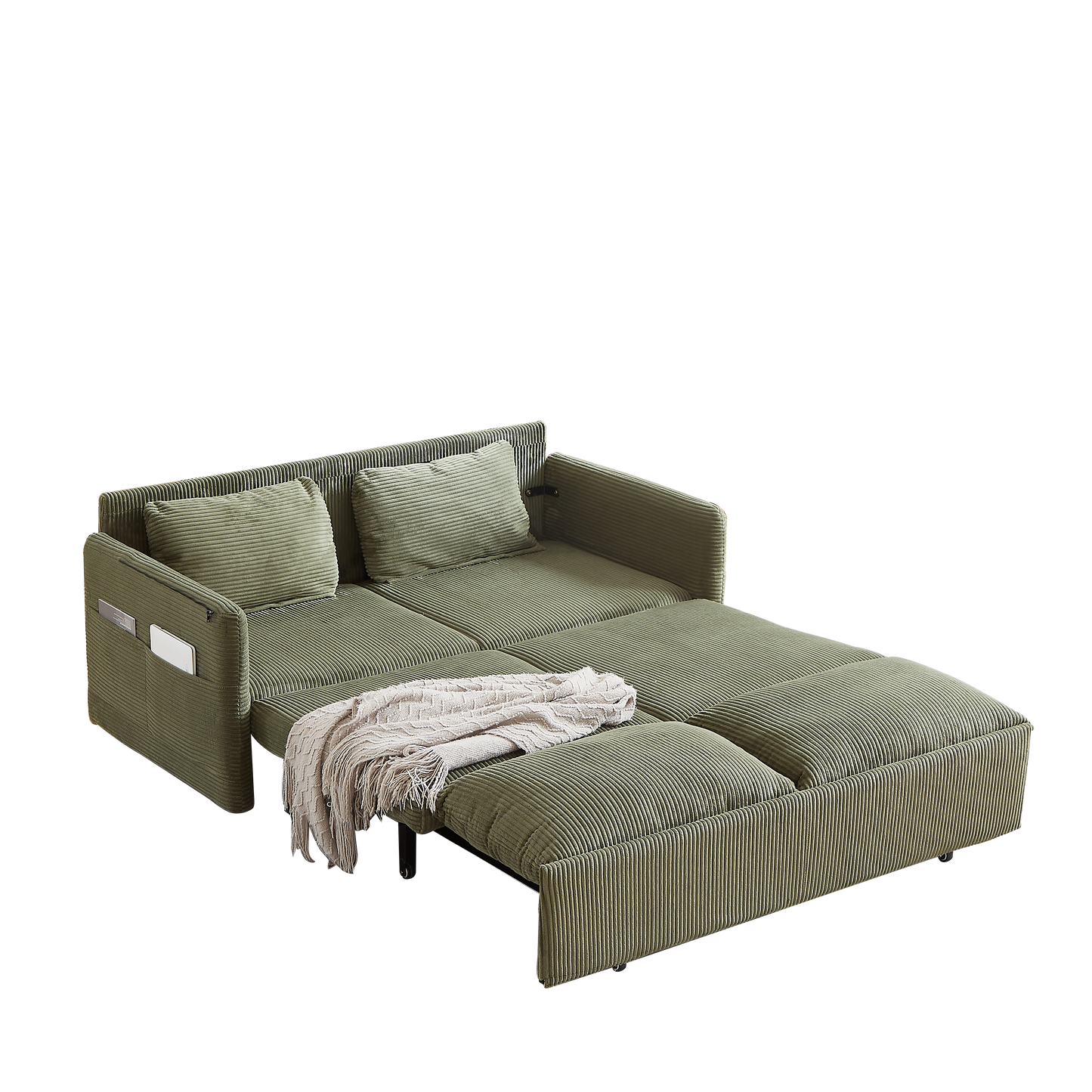Green corduroy sofa bed with pullout mattress and throw blanket
