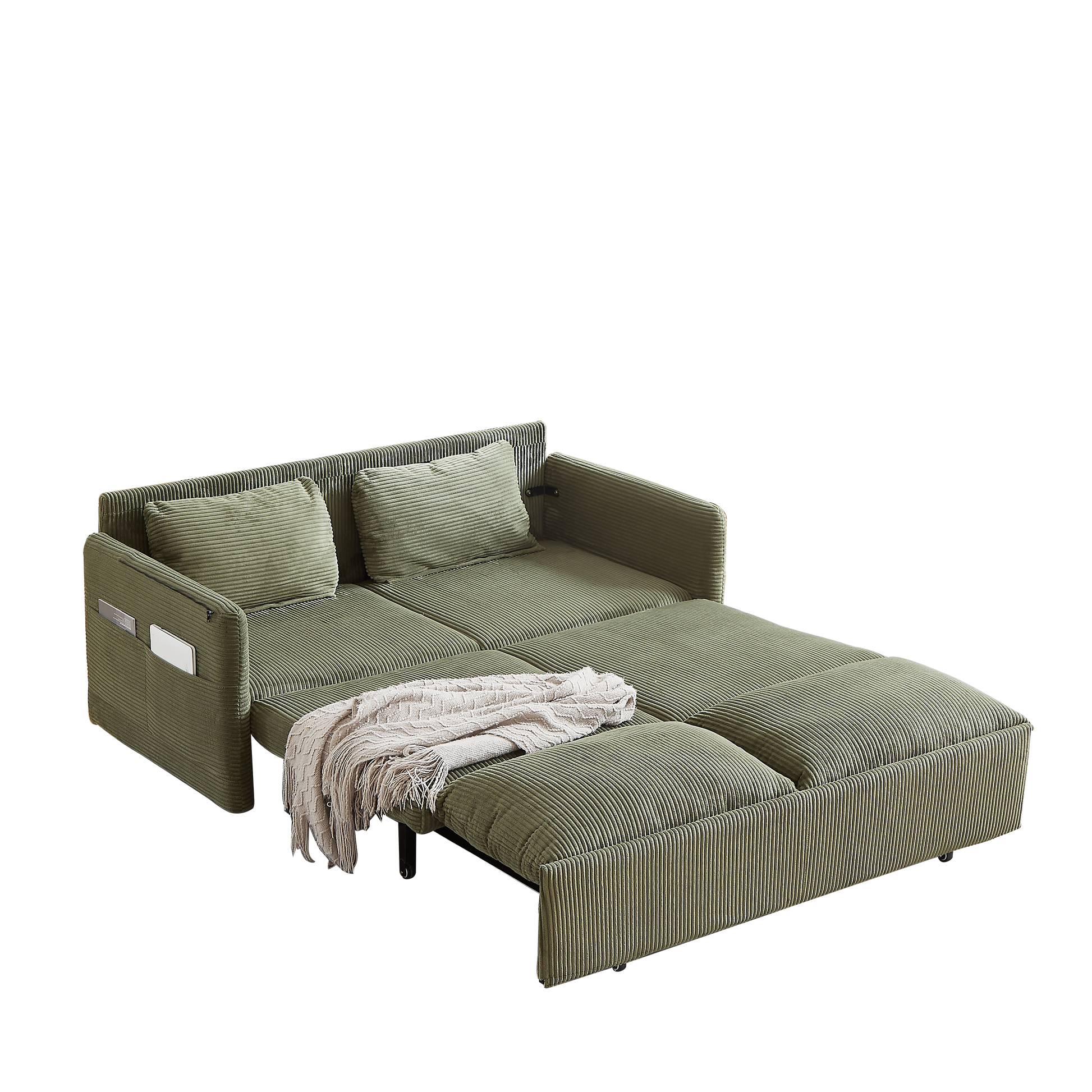 Green corduroy sofa bed with pullout mattress and throw blanket