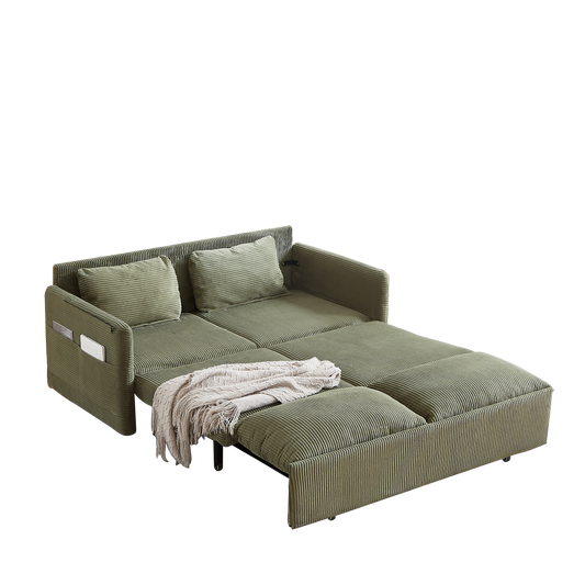 Green corduroy sofa bed with pullout mattress and throw blanket