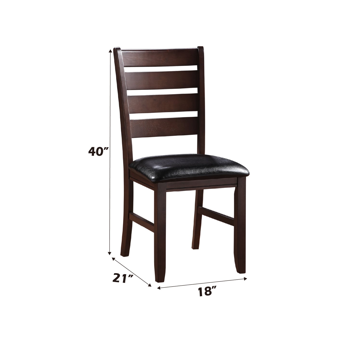 Dark brown wood dining chair with black faux leather seat and slatted back