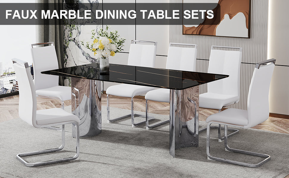 Rectangular faux marble dining table with chrome legs and white chairs