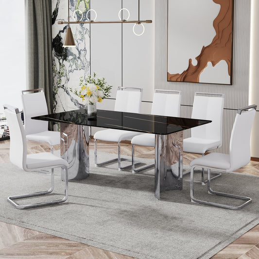 Modern dining set with a glossy black glass top table and six white faux leather chairs