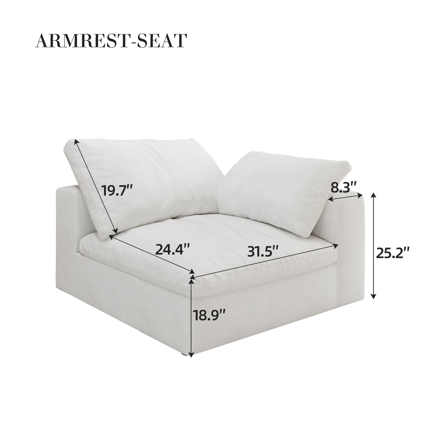 White modular armrestseat with textured fabric and plush cushions  height