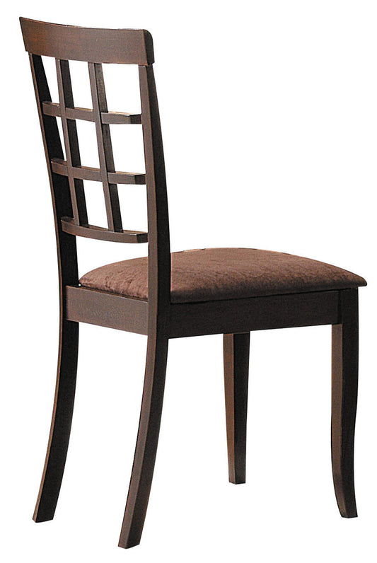 Dark wood dining chair with upholstered seat and lattice backrest