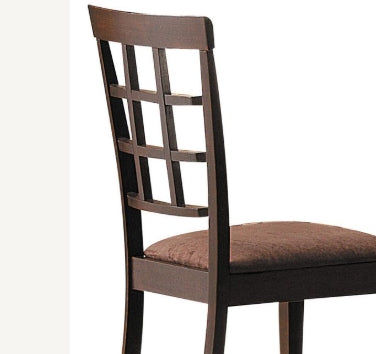 Dark wood dining chair with brown upholstered seat and lattice back
