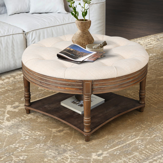 Tufted cream fabric ottoman coffee table with wooden legs and bottom shelf