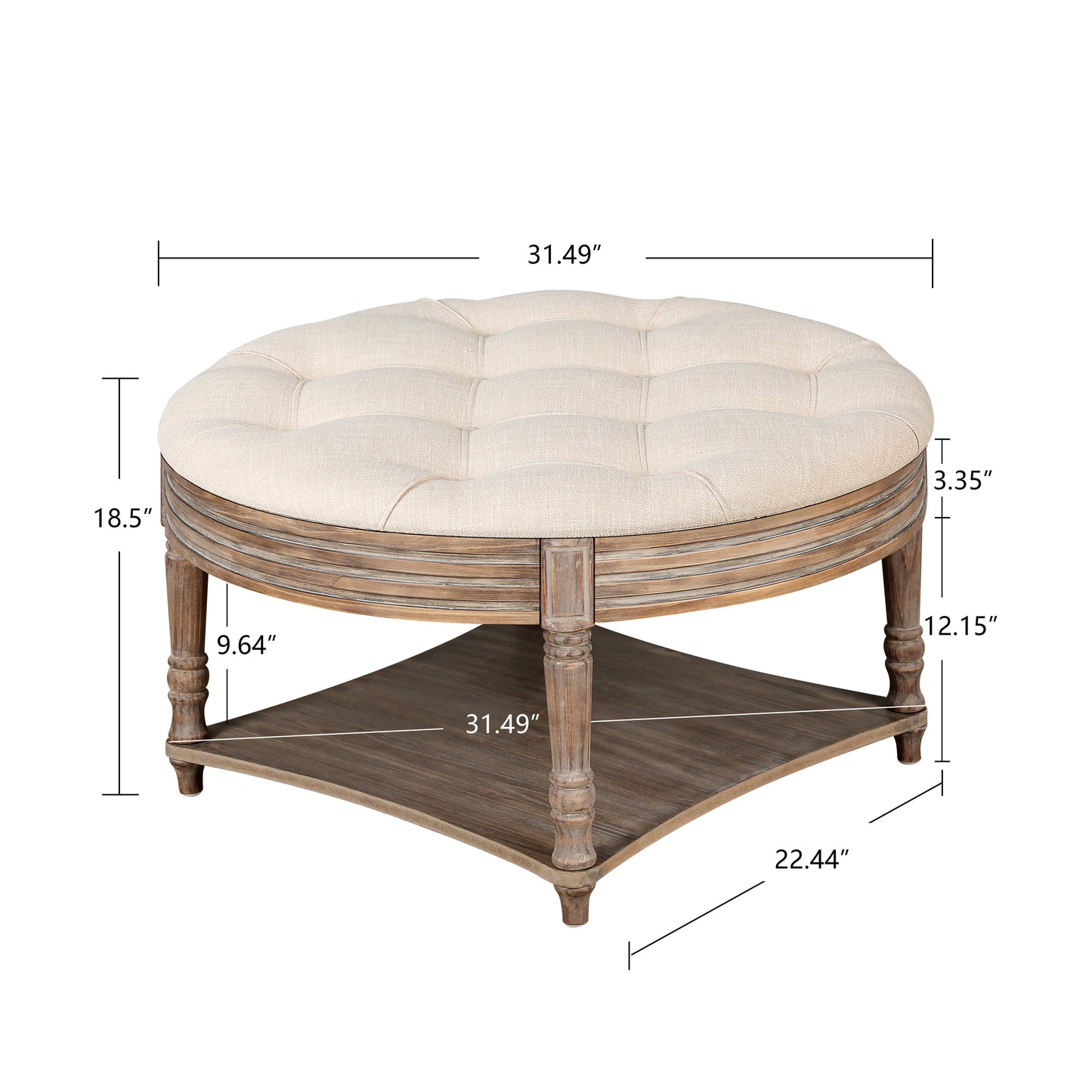 Tufted cream fabric round ottoman with carved wood base and lower shelf