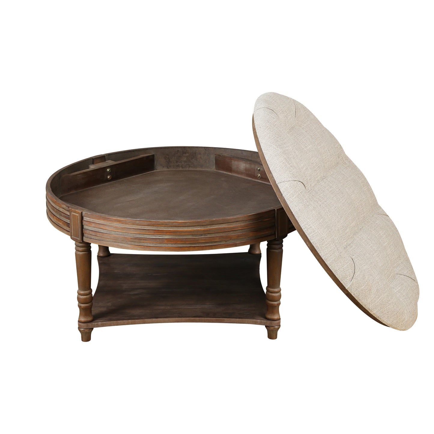 Round storage ottoman coffee table with tufted light beige upholstered lid and dark wood base