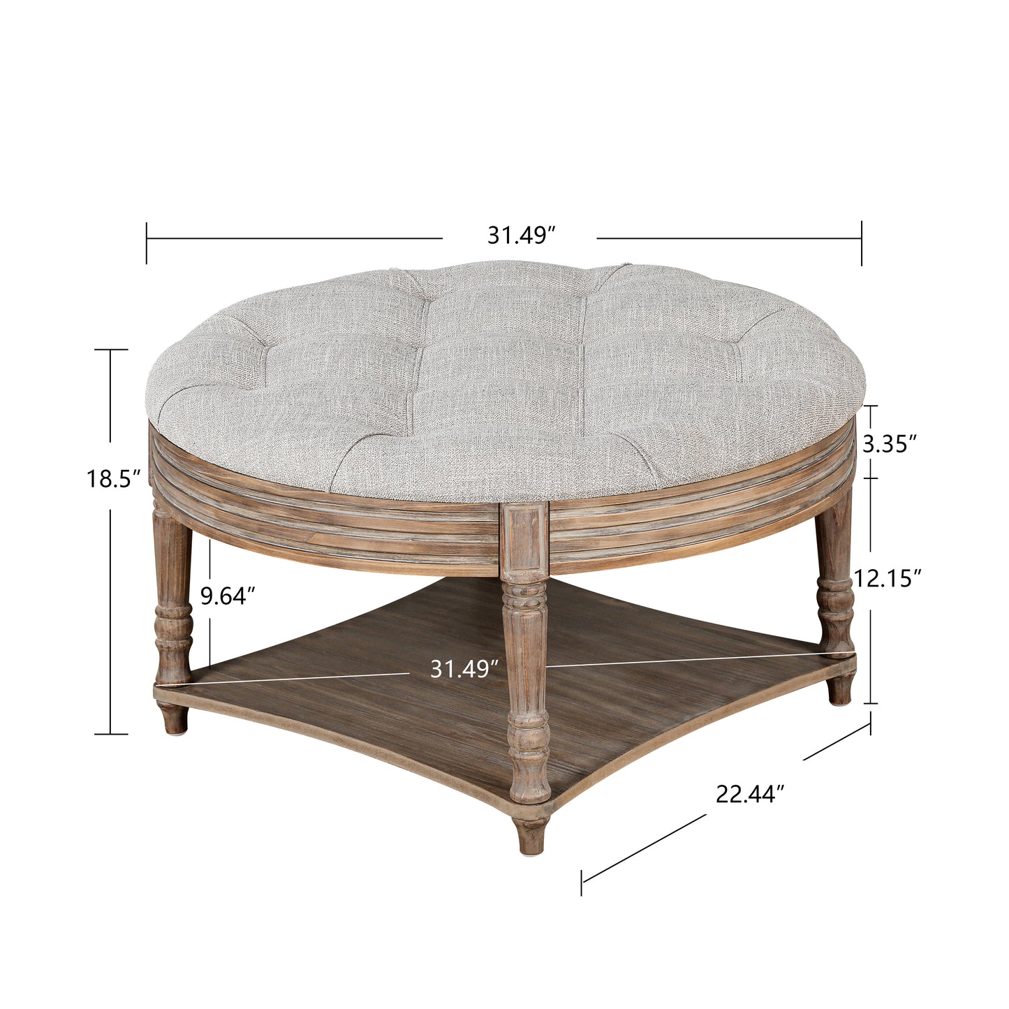 Tufted grey linen round ottoman with distressed wood base and lower shelf