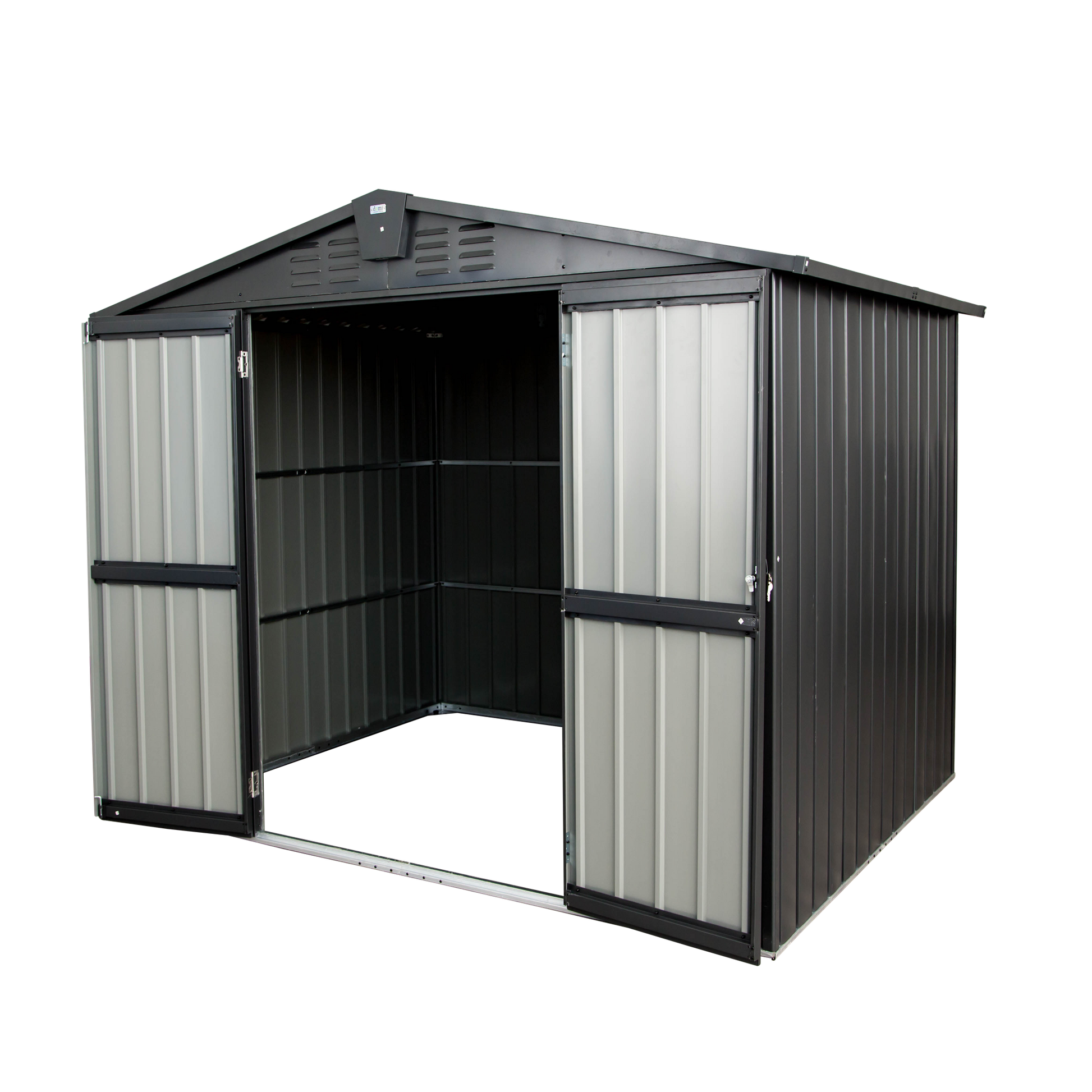 Gray metal garden shed with double doors ideal for outdoor storage
