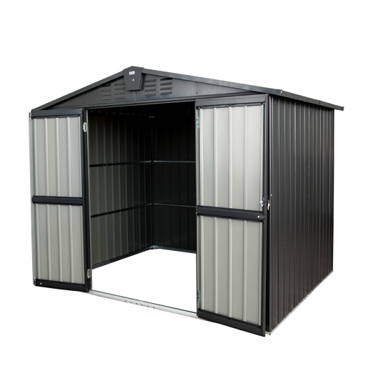 Gray metal garden shed with double doors ideal for outdoor storage