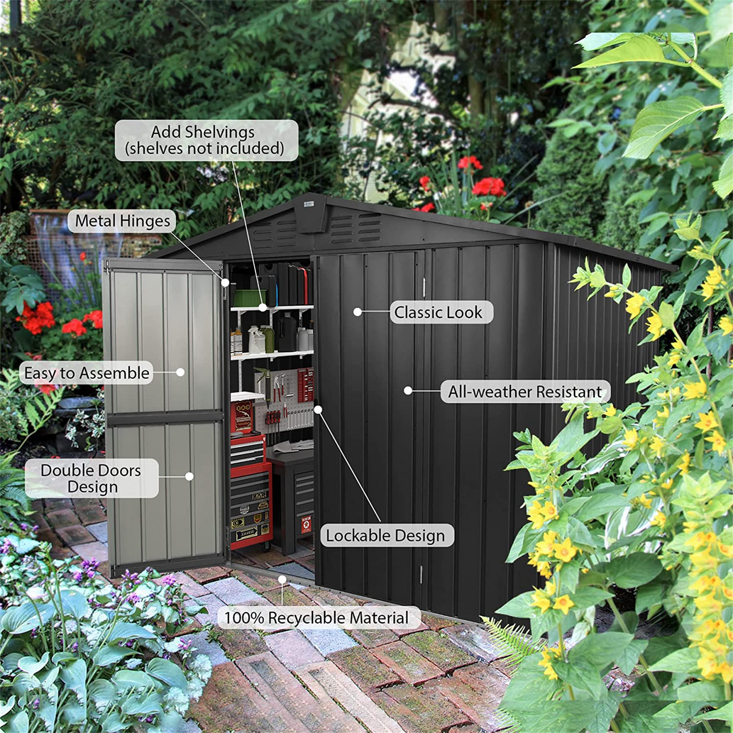 Black metal storage shed with double doors showcasing a classic allweather resistant design