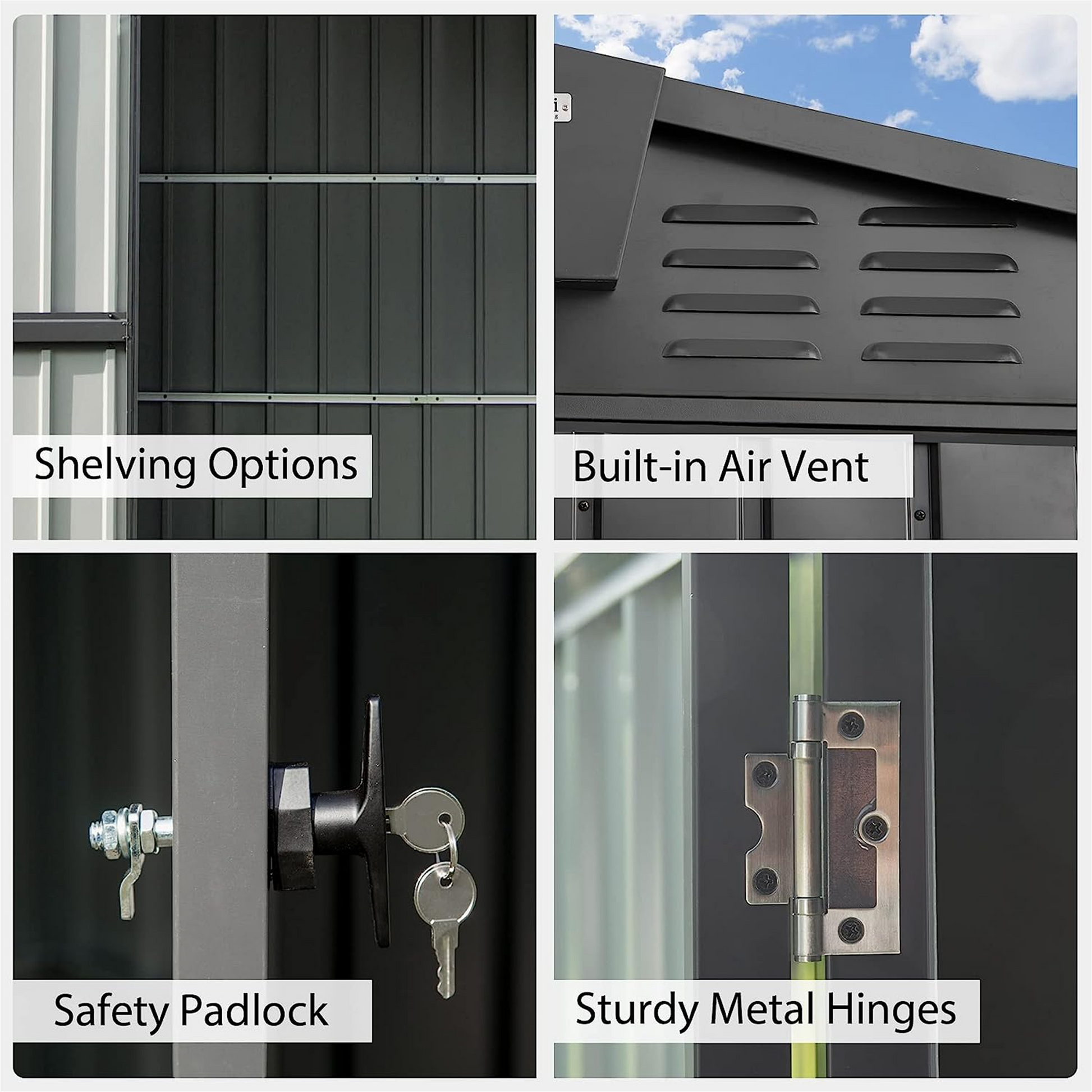 Dark grey metal shed interior with adjustable shelving options