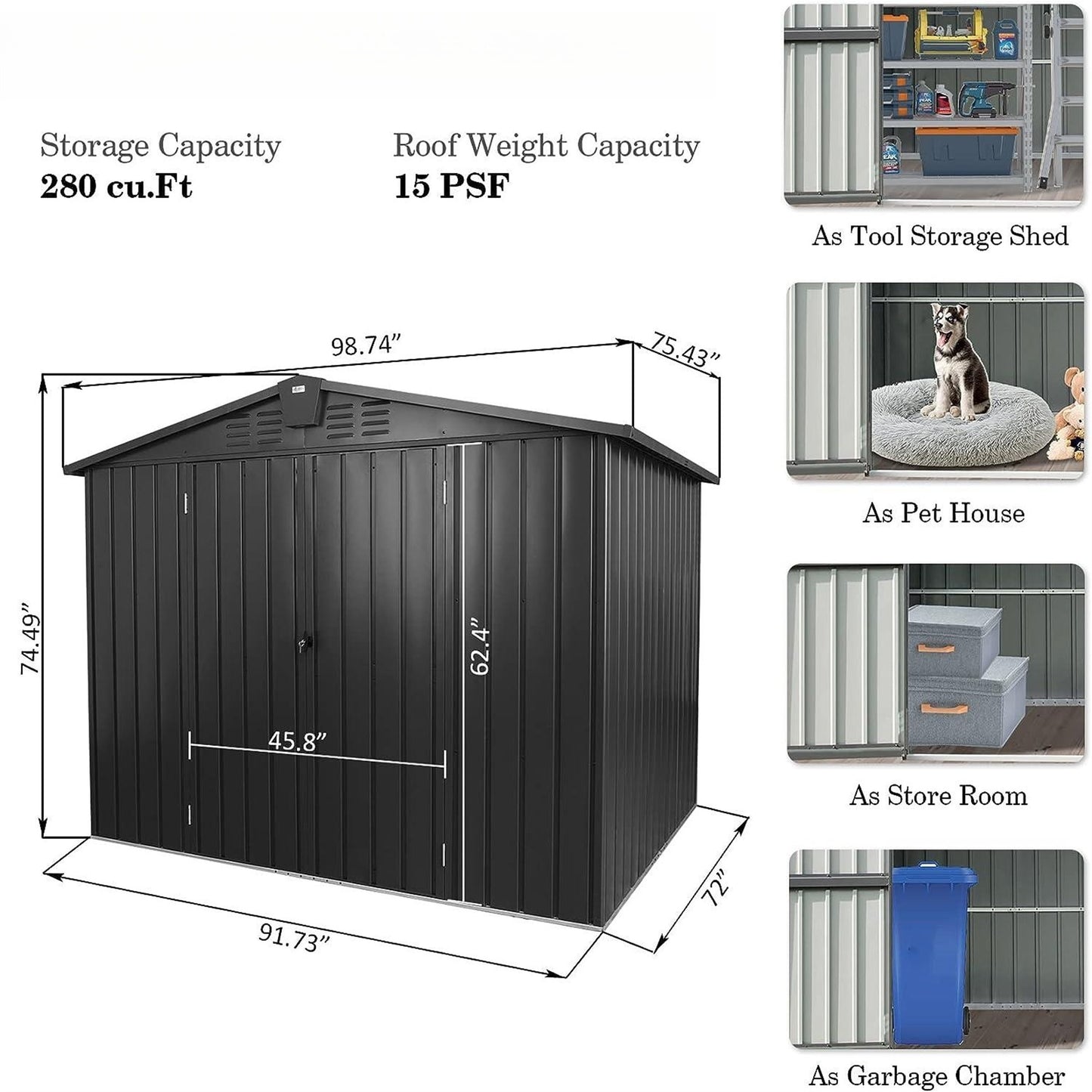 Black metal outdoor storage shed with dual doors and ventilation dimensions xx
