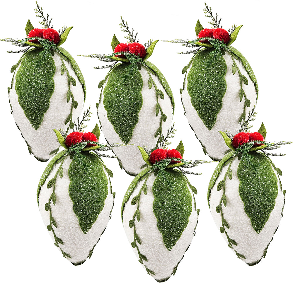 Set of  white and green flocked teardrop ornaments with red berry accents