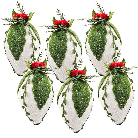 Set of  white and green flocked teardrop ornaments with red berry accents