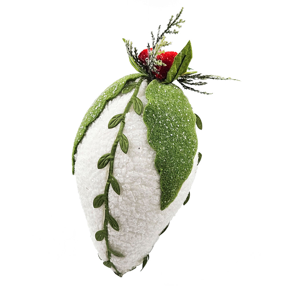 Fluffy white Easter egg ornament with green felt leaves and red berry accents