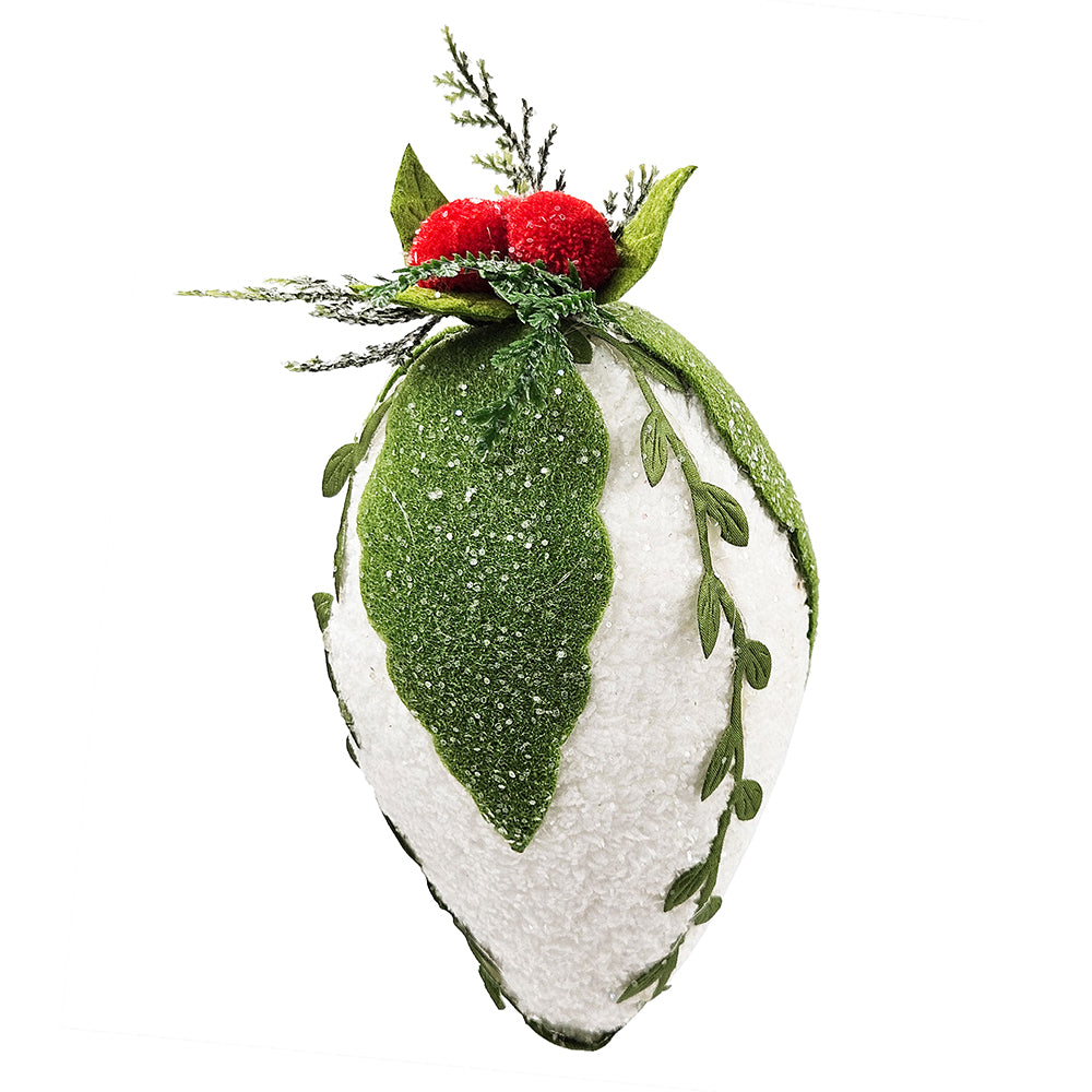 White and green speckled egg ornament with red berry accents