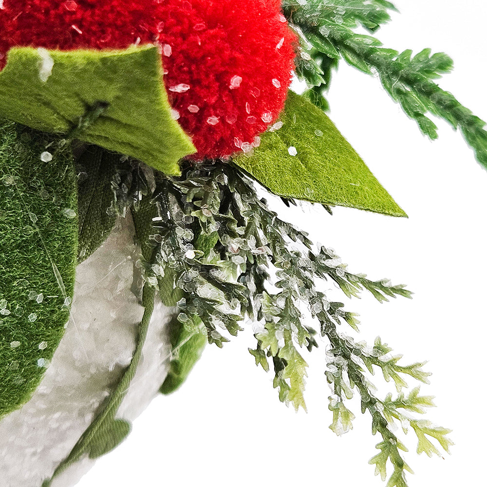 Red pompom berry with frosted green leaves and branches perfect for holiday decor