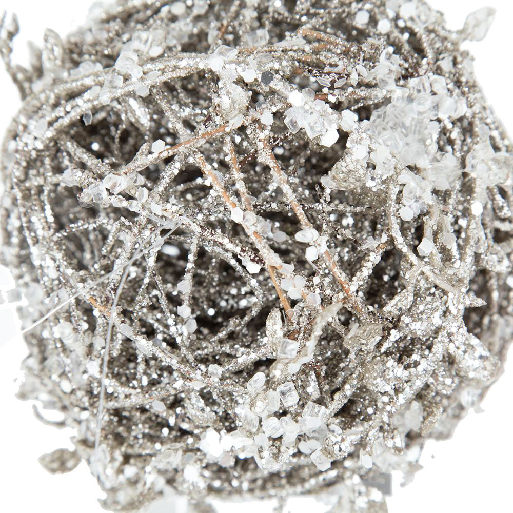 Textured silver glitter ball ornament with faux crystals rustic farmhouse Christmas decor
