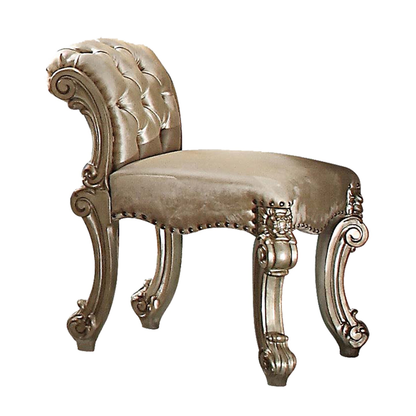 Antique silver vanity stool with tufted seat and ornate carved legs