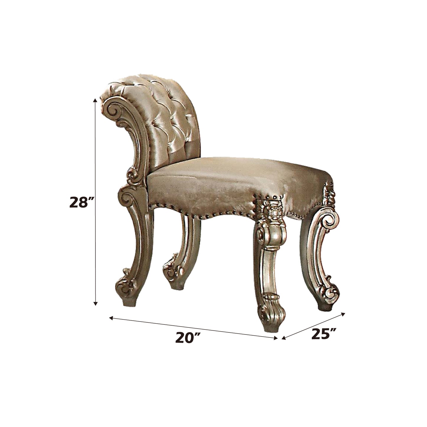 Champagne tufted vanity stool with carved legs and nailhead trim