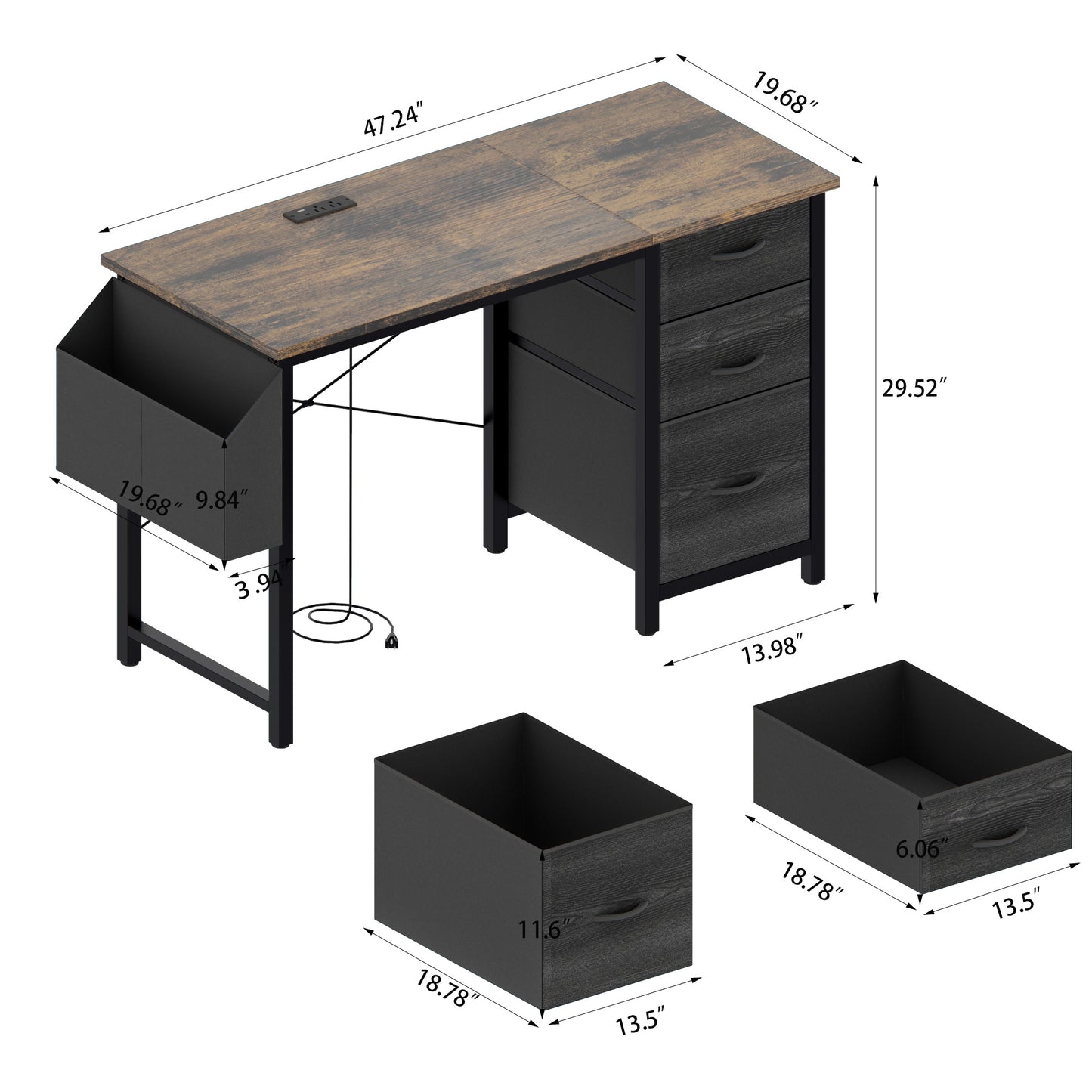 Rustic brown wooden desk with integrated power outlet and side organizer