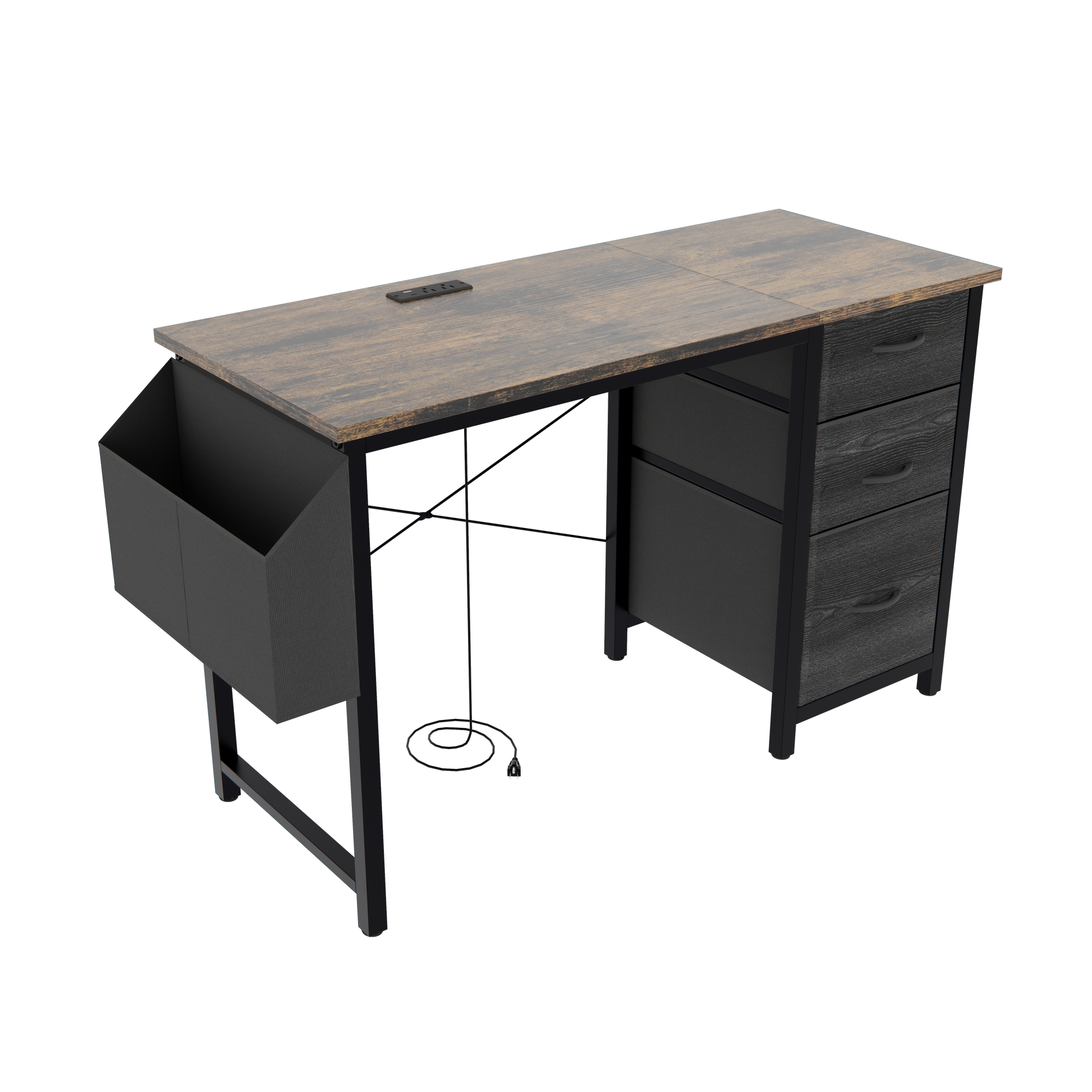 Rustic wood finish compact desk with drawers magazine rack and builtin power outlet for home office