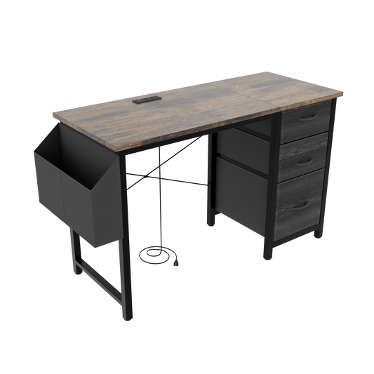 Rustic wood finish compact desk with drawers magazine rack and builtin power outlet for home office
