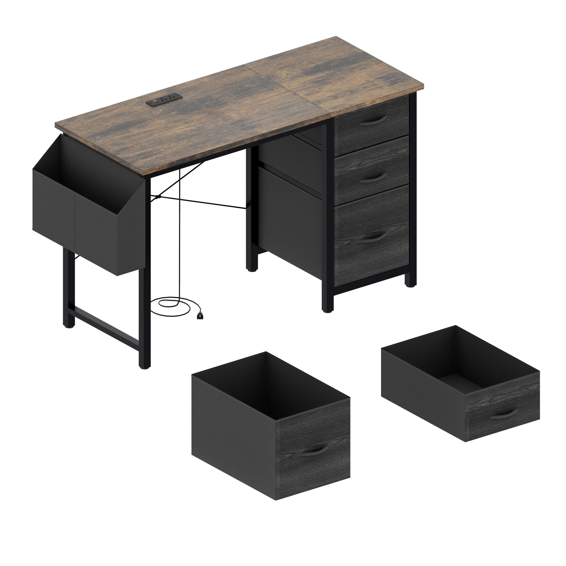 Modern rustic computer desk with builtin power outlet and drawers